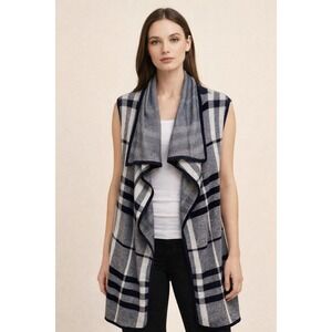 OST Cotton Cashmere Blend Sleeveless Knit Cardigan Sz M Blue Plaid Shawl‎ Collar